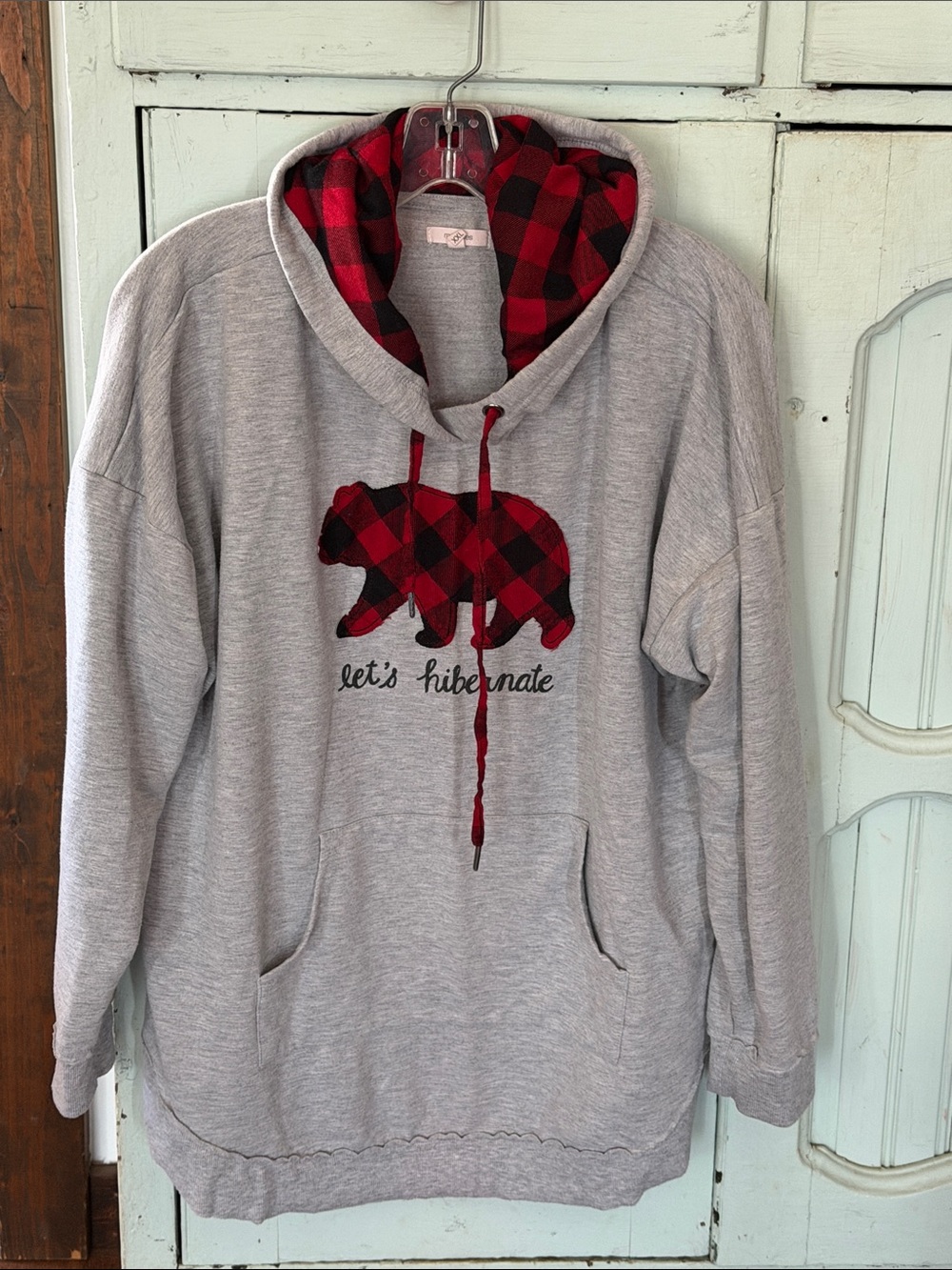 Maurices Light Gray Hoodie with Red Plaid Bear Accent